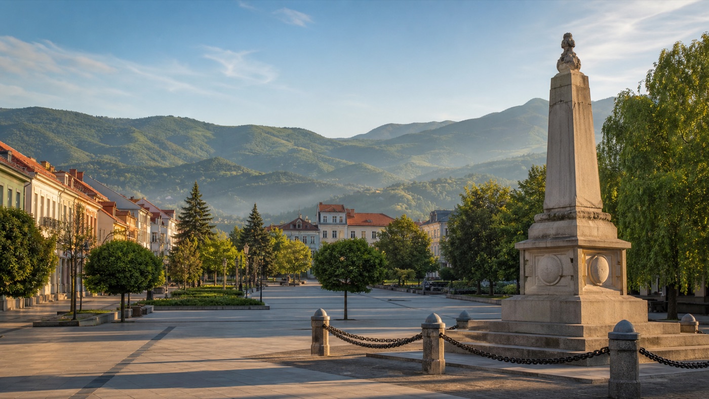 Kraljevo sa gradskim trgom i okolnim planinama